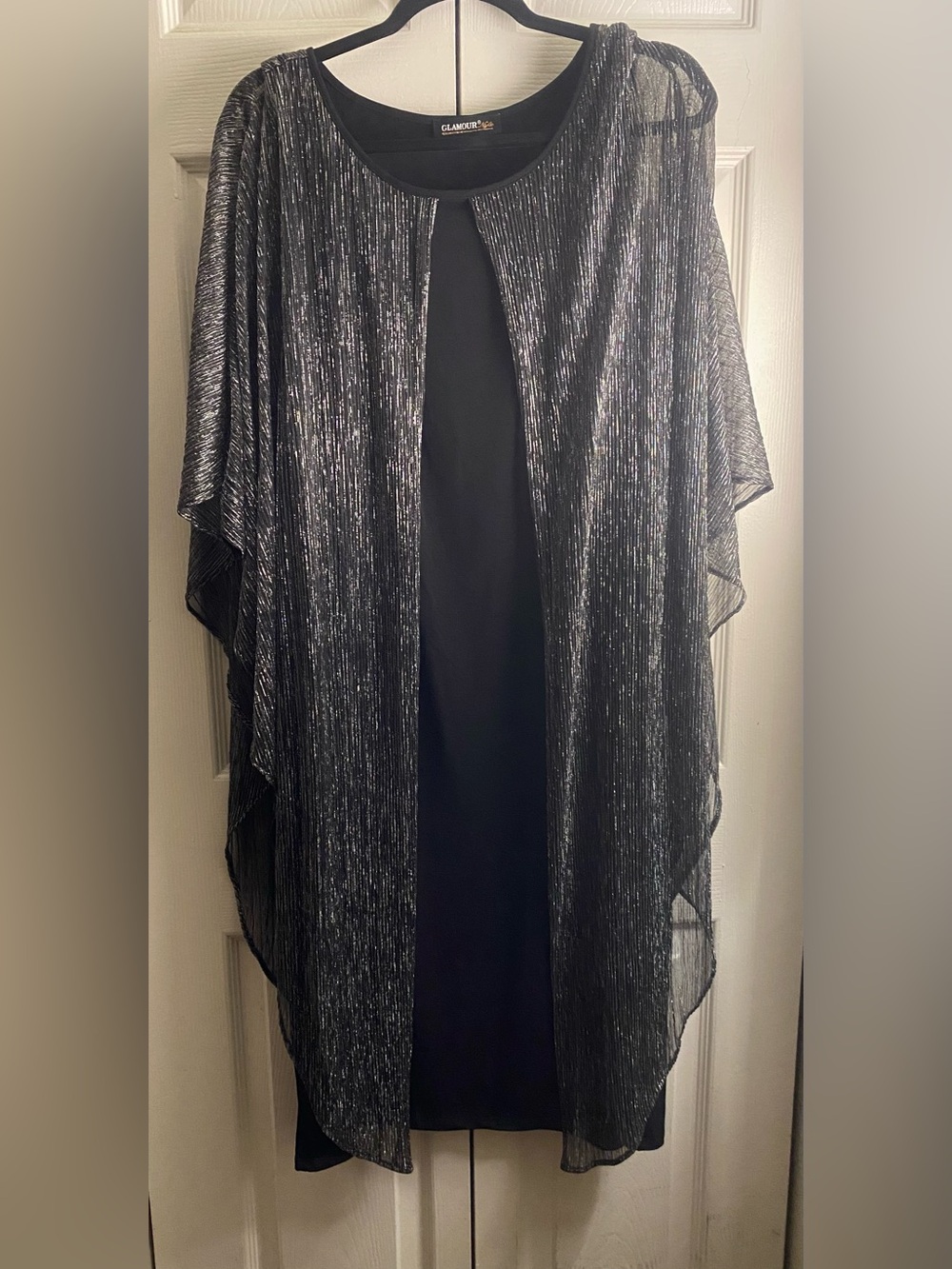 Glamour Silver-Threaded Black Open-Front Poncho Cardigan